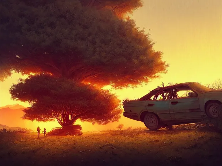 Image similar to low angle shot of tree growing inside scrap car in the foreground. overgrown. soft golden red sunset over the mountains in the background. clouds. detailed leaves. hyperrealistic, highly detailed, cinematic, beautiful, cgsociety, artstation, oil painting by greg rutkowski, by artgerm, by wlop