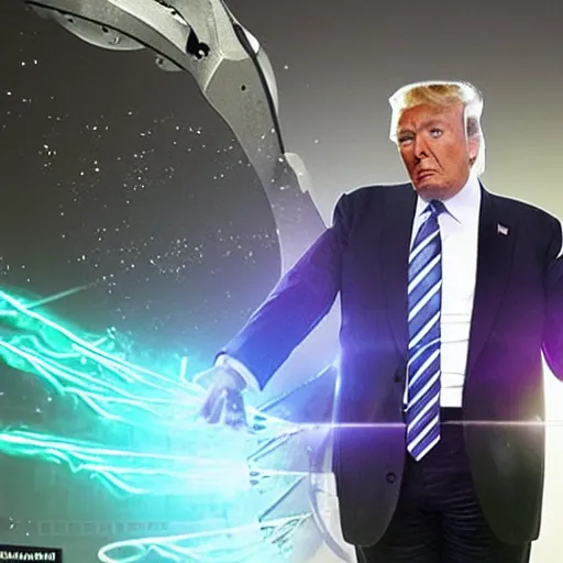 Image similar to Donald Trump shoots plasma beams out of his nanotech cybernetic arm, a plate on his arm slides back to reveal the mechanical workings on the inside