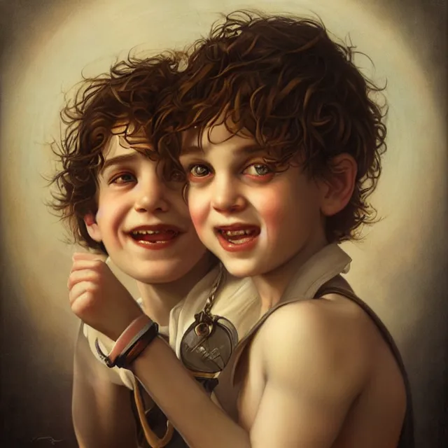 Image similar to a portrait of happy boys by tom bagshaw and manuel sanjulian