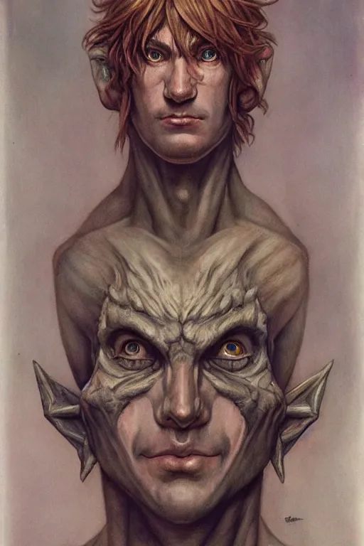 Image similar to a portrait of link from zelda in the style of wayne barlowe, gustav moreau, goward, bussiere, roberto ferri, santiago caruso, luis ricardo falero, austin osman spare