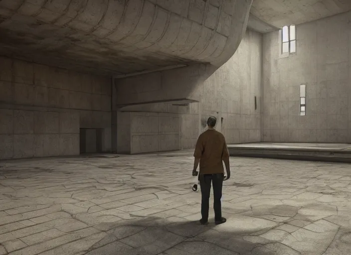 Image similar to a man standing in a brutalist soviet temple, a detailed matte painting by senior environment artist, cgsociety, fantasy art, reimagined by industrial light and magic, unreal engine 5, matte painting