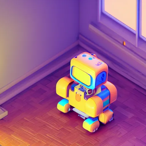 Prompt: isometric cute cat robot in a house, realistic 3d model, very colourful, hdr, cinematic lighting, hard light, soft neon, octane render, trending on Artstation