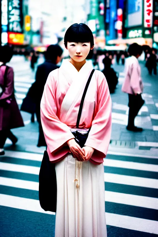 Image similar to street photography portrait of a beautiful japanese woman standing at shibuya crossing during midday, subtle colors, shot on cinestill 5 0 d film, iso 1 0 0, 5 0 mm lens aperture f / 8, dynamic composition, full frame, full res, sharp focus, hyper realistic