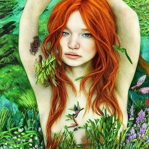 Image similar to !!!!!Ed Sheeran!!!!! as a shy forest nymph. beautiful flowing auburn hair and slender feminine body. this nymph is so demure. She plays along the banks of an enchanted river in a cozy glade. I feel happy when I see this wonderful work of art. Highly detailed art.