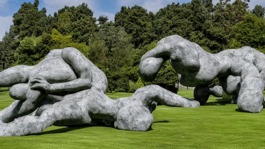 Prompt: a colossal impossible granite sculpture garden by michelangelo and henry moore and david cerny, on a green lawn, distant mountains, 8 k, dslr camera, you feed on some hidden abundance, award winning