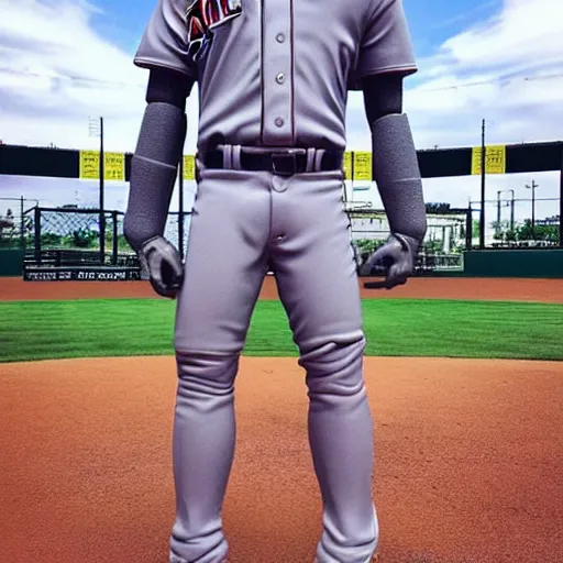 Image similar to “a realistic detailed photo of a guy who is an attractive humanoid who is half robot and half humanoid, who is a male android, baseball player Mike Trout, shiny skin, posing like a statue, blank stare, on the baseball field, on display”