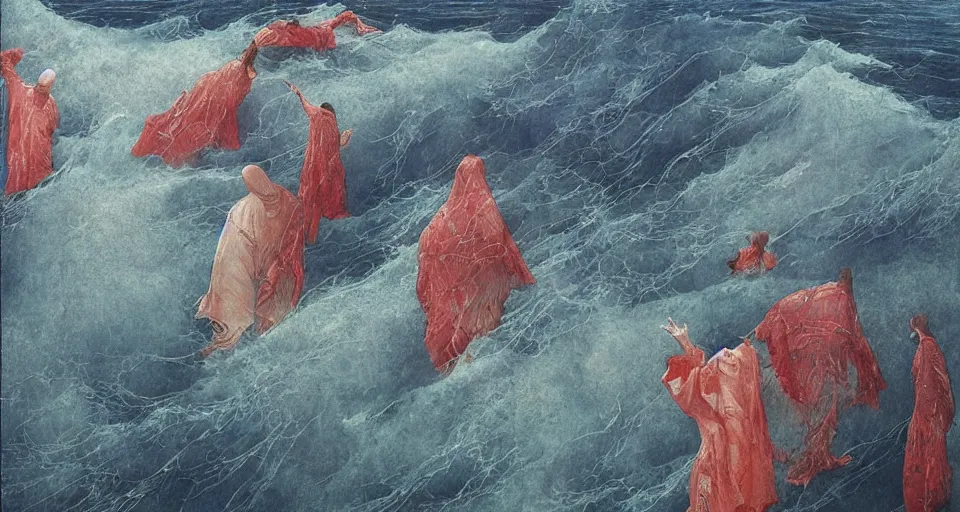 Prompt: worshippers in robes belonging to the cult of the ocean surfing in waves, standing on surfboards, surfing inside one large barreled wav, high detatiled beksinski painting, part by adrian ghenie and gerhard richter. art by takato yamamoto. masterpiece, deep colours, blue