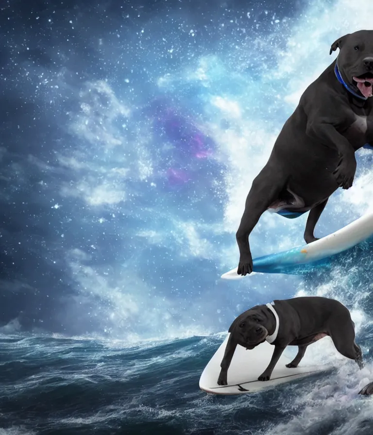 Image similar to photo of a dark gray coat pit bull with a white paws and a white nose!, surfing on a surfboard in a crashing wave of alien galaxy, trending on art station, ocean in space, background is an alien galaxy, aliens in the background, alien colors, octane render, unreal engine, wide view, 8 k, highly detailed