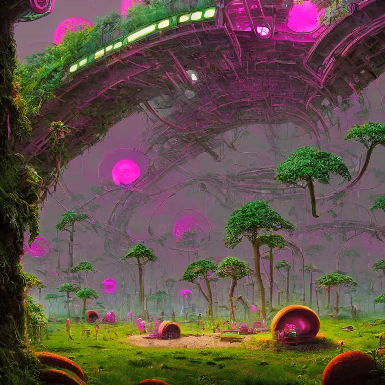 Prompt: a circle portal structure built out of mushrooms and plants, trees, curves, arches, bright cyberpunk glow, epic surrealism, magenta, deep purple, lime green, hot pink, pale blue, Detailed digital matte painting in the style of simon stalenhag, Greg Rutkowski and Greg Hildebrandt artstation