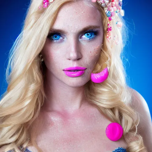 Prompt: close up headshot of a princess with long blonde hair and (blue) eyes wearing a strapless elaborately beaded pink dress, high resolution film still, 8k, HDR color, film by Simon Langton and David Frankel, triangular face, (freckles), round narrow chin, straight jawline, light pink lipstick