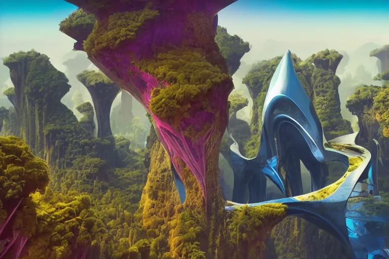 Prompt: first person perspective establishing shot of Zora's Domain by beeple and Roger Dean:1|fantasy, horizontal symmetry, cinematic, architectural design by Zaha Hadid:0.9|Unreal Engine, Octane, finalRender, devfiantArt, artstation, artstation HQ, behance, HD, 16k resolution:0.8