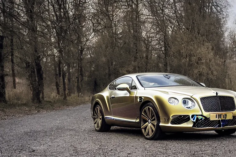 Image similar to Bentley Continental GT in shiny gold film drives along old Russian village road