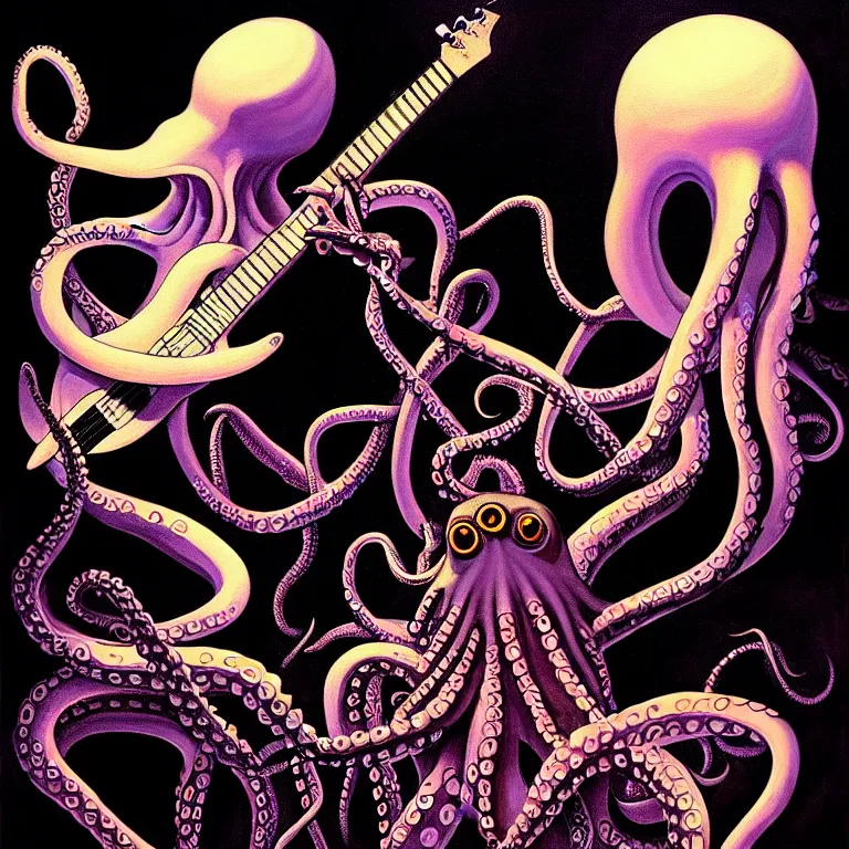 Image similar to a beautiful painting by gerald brom of a couple of octopus playing drums and telecaster guitar in an electronic concert, black background, concert light, dark mood, warm lights