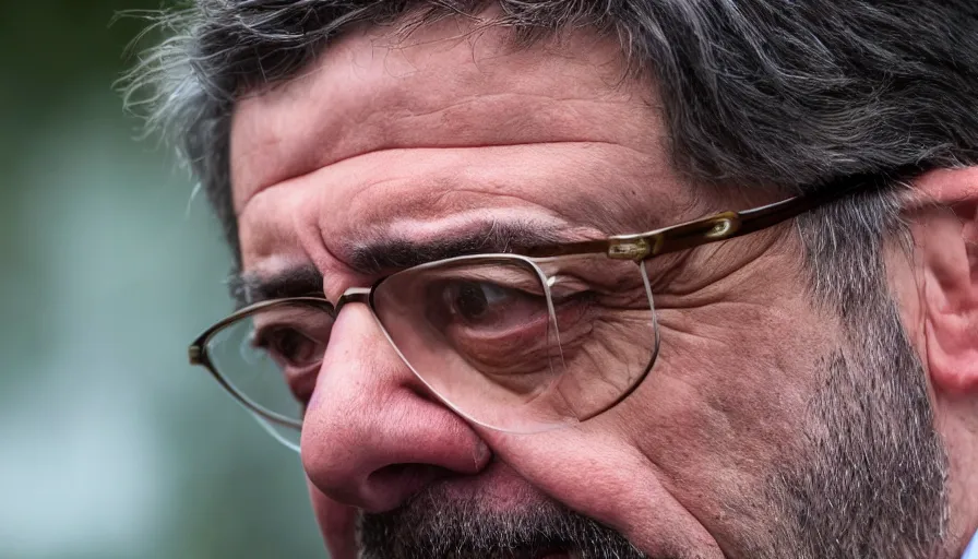 Image similar to hyper-realistic and anamorphic 2010s movie still close-up portrait of Jean-Luc Melenchon, by Paolo Sorrentino, Leica SL2 50mm, beautiful color, high quality, high textured, detailed face