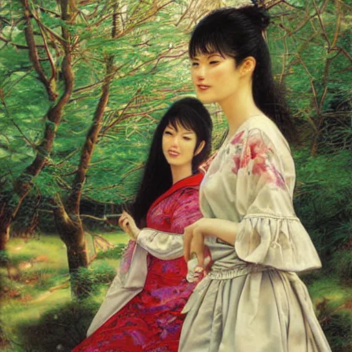 Image similar to a portrait of two beautiful 3 0 year old sisters in a scenic environment by noriyoshi ohrai