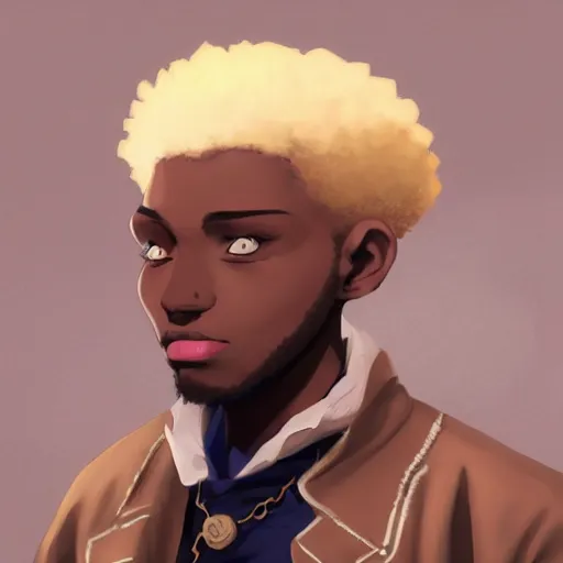 Image similar to african american man with blue eyes, blonde hair, wearing steampunk attire, highly detailed, digital painting, artstation, matte, by makoto shinkai, animation style