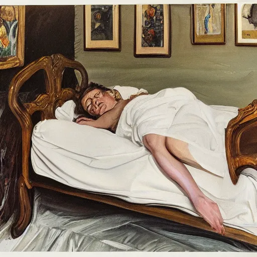 Image similar to lucian freud painting of ema stone on a victorian bed in a big old room, wide shot