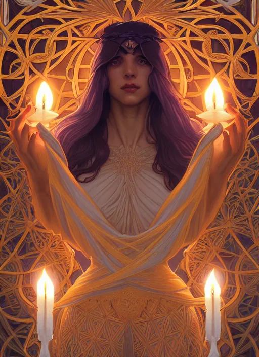 Image similar to symmetry seamless pattern of poly styrene, fantasy, renaissance wear, glowing candles intricate, elegant, highly detailed, digital painting, artstation, concept art, smooth, sharp focus, illustration, art by artgerm and greg rutkowski and alphonse mucha