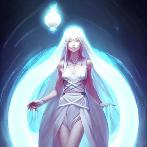 Prompt: a woman in a white dress holding a glowing ball | with nine white fox tails | a detailed painting by ross tran!!!!!!!!!!!!!!! | wlop and stanley artgerm lau | featured on deviantart | fantasy art | anime | 2 d game art | official art