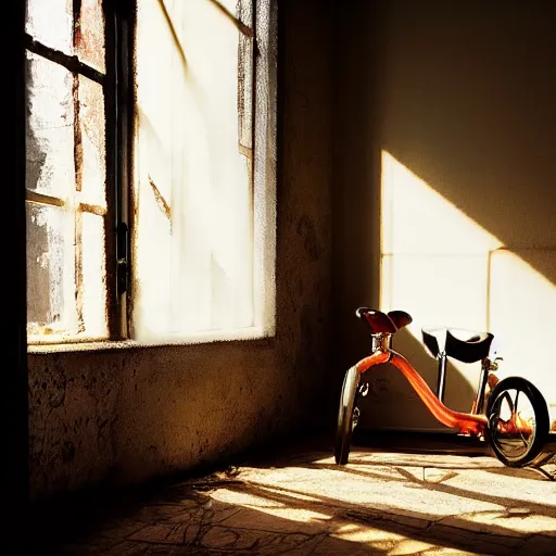 Prompt: a sunbeam pierces the stale cold air in a dark dusty bedroom causing the dust to float. A broken tricycle sits in the corner of the room.