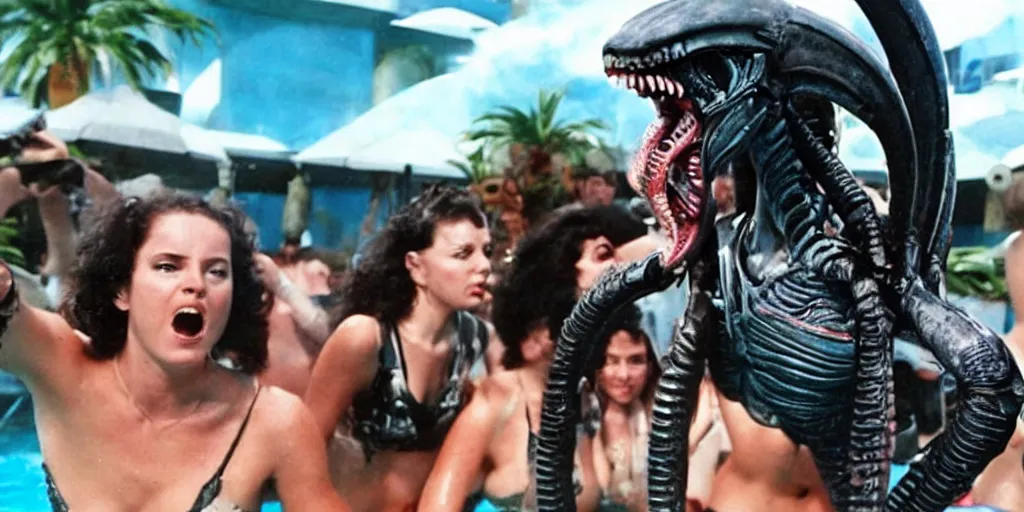 Image similar to a xenomorph from the movie Aliens having fun at the pool party of a rich, pretty woman in a bikini