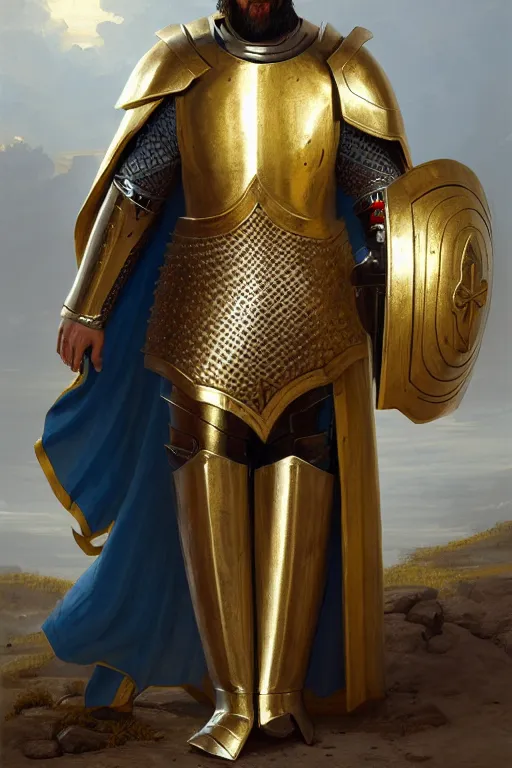 Image similar to man looking forward in decorated with gold baroque style christian crusader armor, helmet hiding all his face and white cape standing at the gates of jerusalem drawn by greg rutkowski realistic high detail