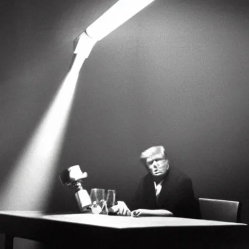 Prompt: a film still from a 1 9 4 0's film noir movie with donald trump sitting at a metal table in an dark interrogation room with a hanging light shining on him, dramatic lighting