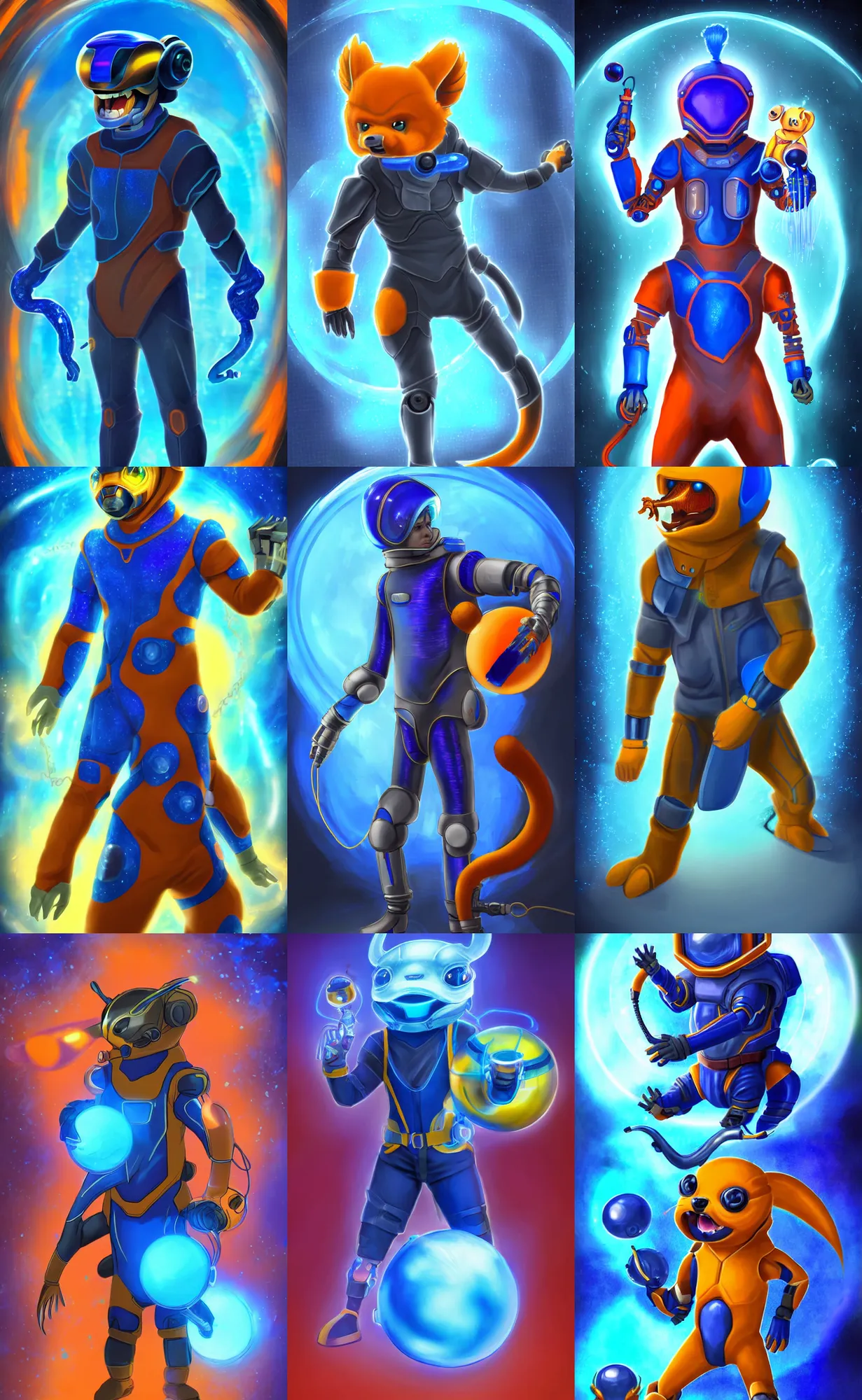 Prompt: young male cyborg with a buizel - inspired suit, buizel head, buizel tail, buizel fur, wielding a blue waterball, digital art, alien, rich iridescent colors, d & d, very detailed, symmetrical, 8 k hd, trading card fond, futuristic