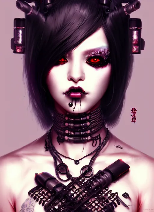 Image similar to soft lustrous ebony geisha seductive raver yakuza gothic cyborg cyberpunk gutter punk, decay, underworld, dark fantasy, dark art, highly detailed, digital painting, octane render, artstation, concept art, smooth, sharp focus, illustration, art by artgerm, loish, wlop