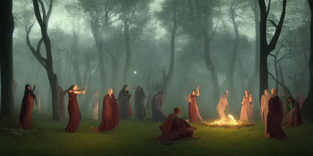 Prompt: masterpiece ephemeral demons, vampires and witches dancing in the woods at dusk, edmund leighton, majestic, volumetric lighting, photorealistic, intricate, trending on artstation 8 k