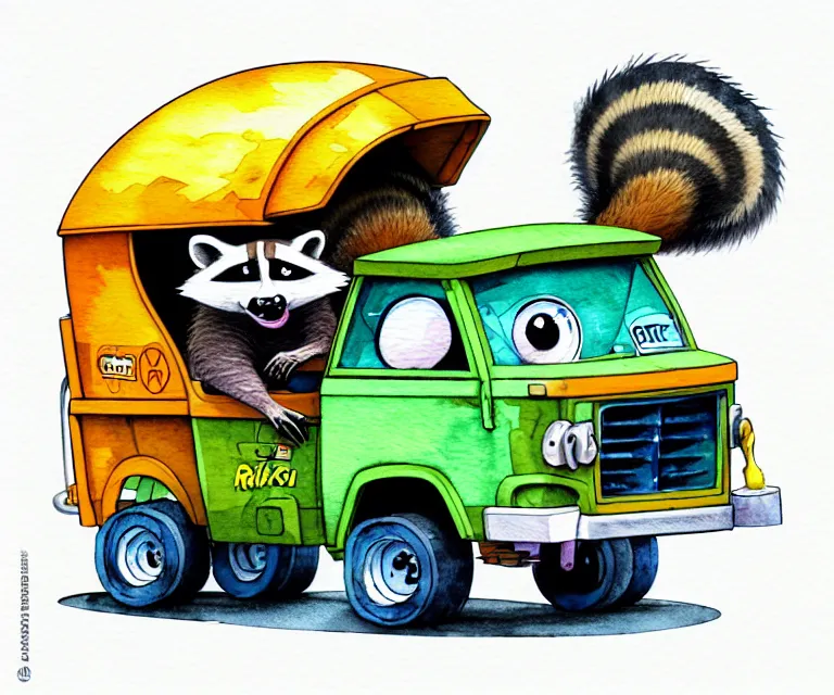 Image similar to cute and funny, racoon wearing goggles driving a tiny garbage truck, ratfink style by ed roth, centered award winning watercolor pen illustration, isometric illustration by chihiro iwasaki, edited by craola, tiny details by artgerm and watercolor girl, symmetrically isometrically centered