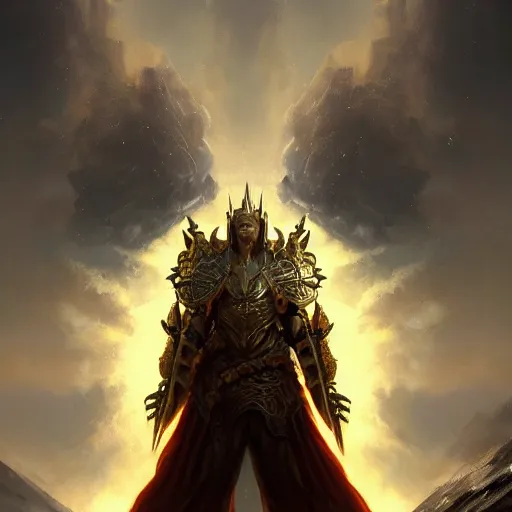 Prompt: A celestial god, wearing the armor of 100 suns standing on a mountain, cinematic, dynic lighting, photorealistic, fantasy concept art, ultra detailed, stunning visuals