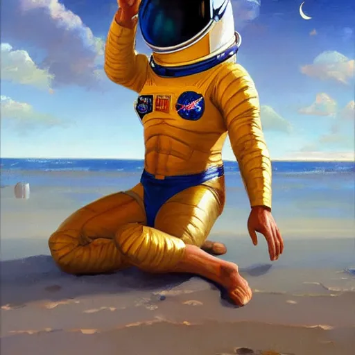 Image similar to An astronaut chilling at the beach and drinking a beer, oil on canvas by Frank Frazetta, artstation, digital art, WLOP, Mandy Jurgens