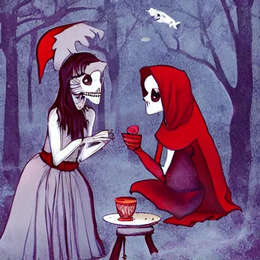 Image similar to haunted fairytale, skeletal little red riding hood having tea with the demon wolf, dramatic devianart