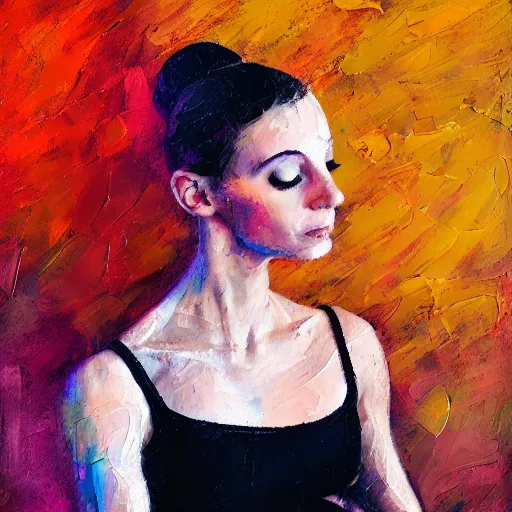 Image similar to portrait of a ballerina, impasto paint, 8 k, cinematic light, shadows, reflection highlights in the paint,