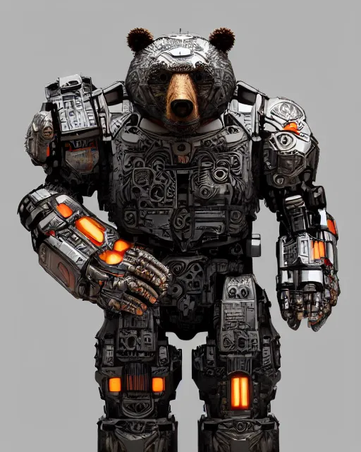 Image similar to a full body shot of an imposing cyborg ( bear ) modeled after a bear looking into the camera, android, cyborg, full body shot, intricate, 3 d, hyper realism, symmetrical, octane render, strong bokeh, fantasy, highly detailed, depth of field, digital art, artstation, red, concept art, cinematic lighting, trending
