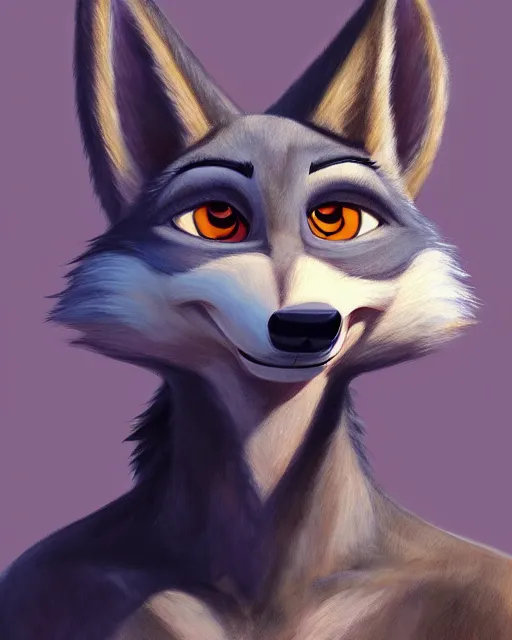 Image similar to oil painting of anthromorphic female wolf, in style of zootopia, female fursona, furry, furaffinity, 4 k, deviantart, furry art, fursona art, wearing black business suit, business suit, wolf fursona, female, very expressive detailed feminine face,