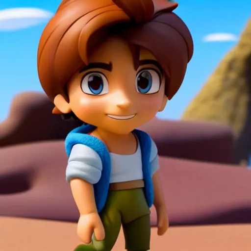 Image similar to profile view of young aladdin as nendoroid walking in a desert in the croods movie style, wearing typical clothes, 8 k, hd, dof, kodak film, volumetric lighting, subsurface scattering, photorealistic, octane render