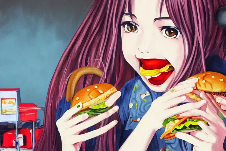 Image similar to painting of girl eating a hamburger, anime, cluttered, electronics, wire, dark lighting