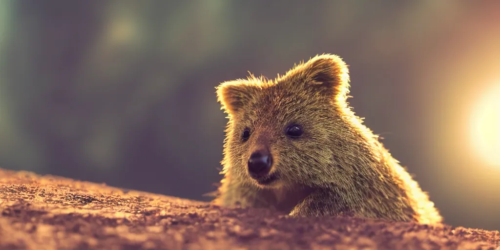 Prompt: Portrait of a happy quokka, splash art, movie still, cinematic lighting, dramatic, octane render, long lens, shallow depth of field, bokeh, anamorphic lens flare, 8k, hyper detailed, 35mm film grain