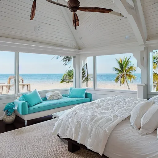 Prompt: a beautiful bedroom, beach aesthetic