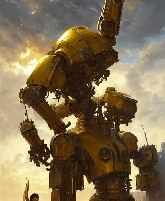 Image similar to human-sized strong intricate yellow pit droid holding large paladin medieval shield!!! and a long medieval engraved powerful great sword, pancake short large head painterly humanoid mecha, beautiful fantasy background by Greg Rutkowski