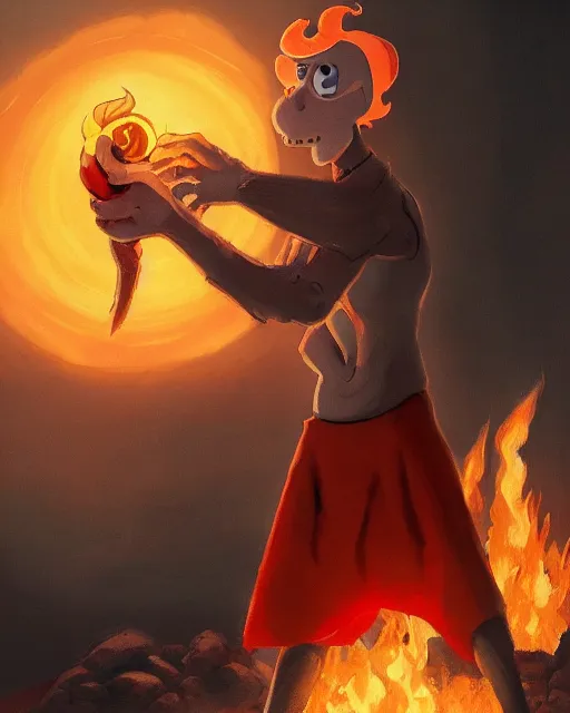 Image similar to squidward with [ four legs ] wearing fire nation clothing and practicing firebending outside at susnset, [ greg rutkowski ]