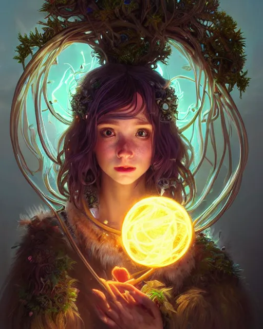 Image similar to portrait of a cute druid, male, bioluminescent, wires, horror, happy, highly detailed, digital painting, cinematic, hyperrealism, dark retrowave, art by pixar and stanley lau and artgerm and magali villeneuve and alphonse mucha, artstation, octane render, cgsociety