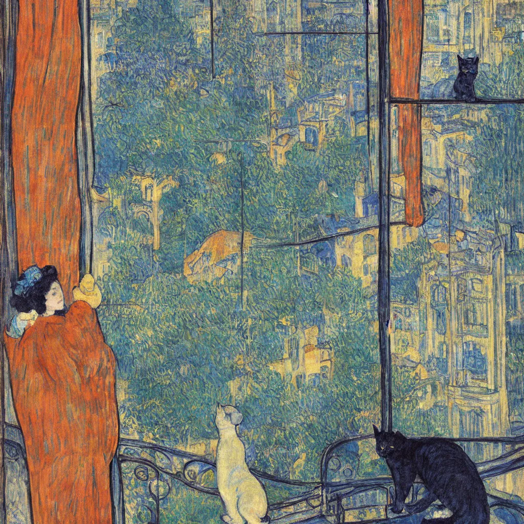 Image similar to woman and cat with city with tall trees and gothic cathedral seen from a window frame with curtains. dark indigo blue, turquoise, gold, earth brown. night with star. bonnard, henri de toulouse - lautrec, utamaro, matisse, monet