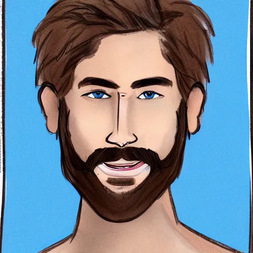 Image similar to sketch of a caucasian face, medium long brown hair, bad skin, short beard, skinny, blue eyes, smiling, ultrarealistic