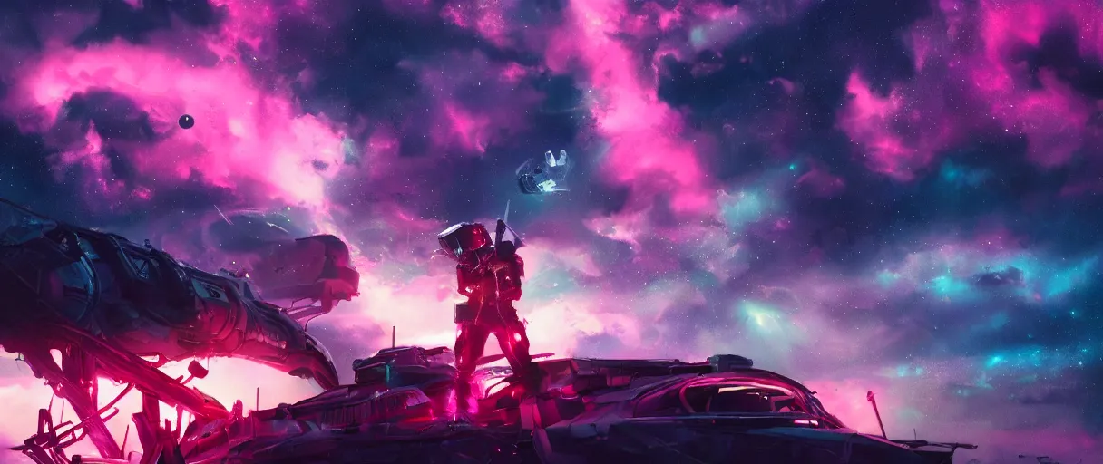 Prompt: space, portrait big dark punk, illustration, punk mohawk, stars, pink, neon, oil painting, rich deep colors masterpiece, pirate neon ship, ultra detailed, contrast, heaven pink, clouds, volumetric light, atmospheric lighting, dramatic, cinematic, moody, octane render 4 k, 8 k