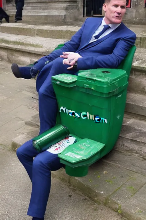 Prompt: Sir Kier Starmer in a blue suit wearing a flat cap on his head sitting on a bench alone holding a large plastic green bottle of cider, at his feet are empty cans and bottles