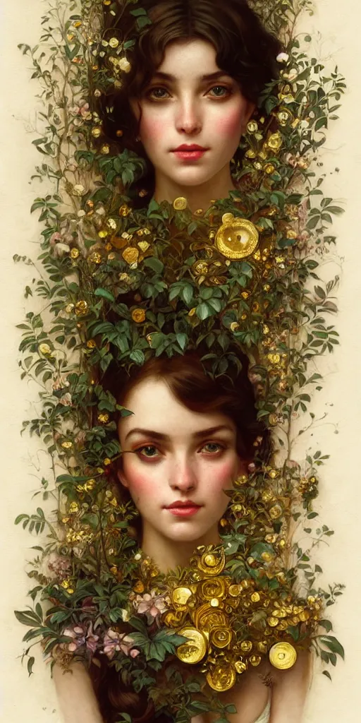 Image similar to hyper realistic photographer looking through a vintage medium format camera, design on white background, beautiful details, lush foliage cyberpunk, gold, drawn by john singer sargent, tom bagshaw, norman rockwell, alphonso mucha, lolish, trending on artstation