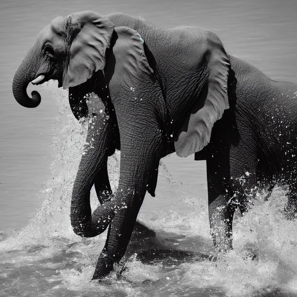 Prompt: “a black and white photo of a single elephant splashing water by Maties Palau Ferré, featured on flickr, arabesque, national geographic photo, ilford hp5, majestic”